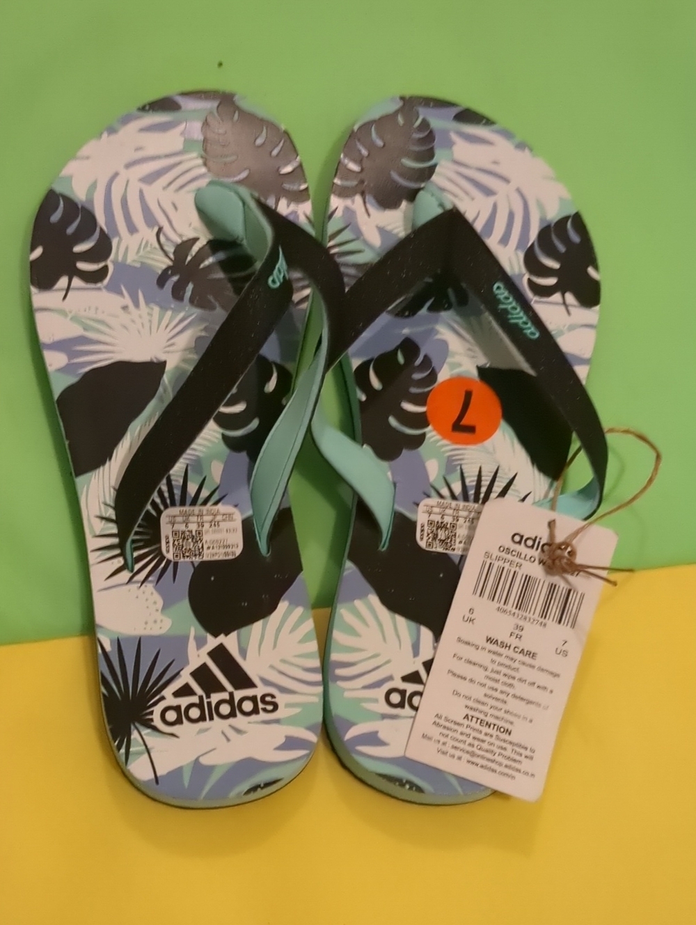 adidas Woman Tropical Leaf Flip Flops - Black/Light Blue/White